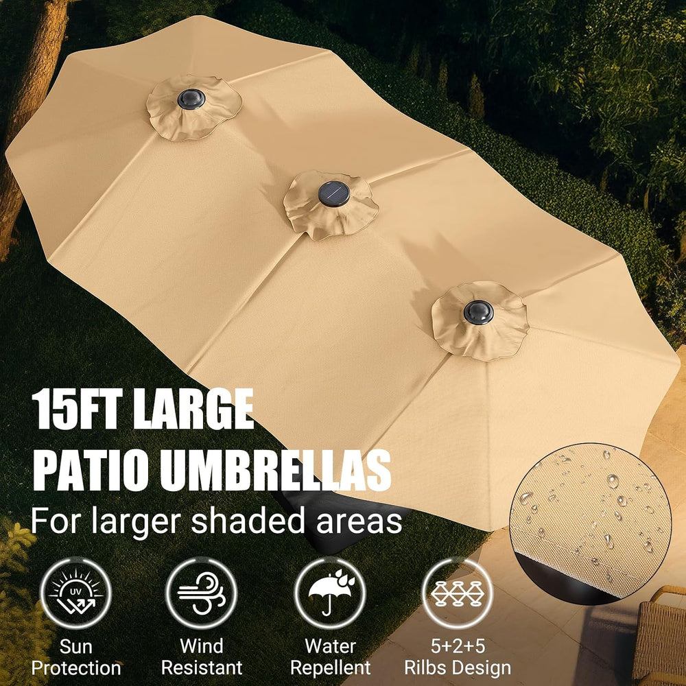 LEVELEVE 15FT Large Patio Patio Umbrella with Base & Solar LED Lights - D...