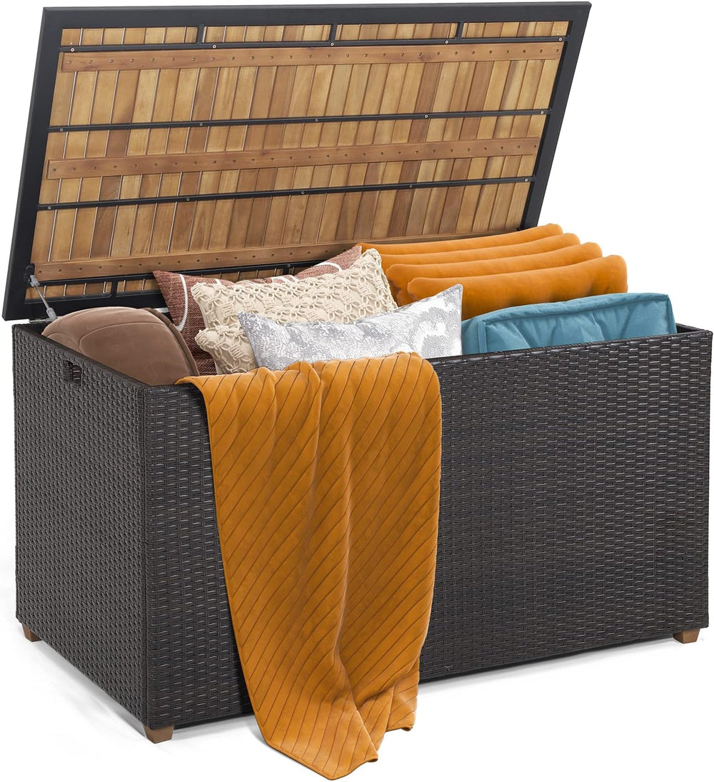 Tangkula 134 Gallon Outdoor Storage Box, Wicker Patio Deck Box with Solid Aca...