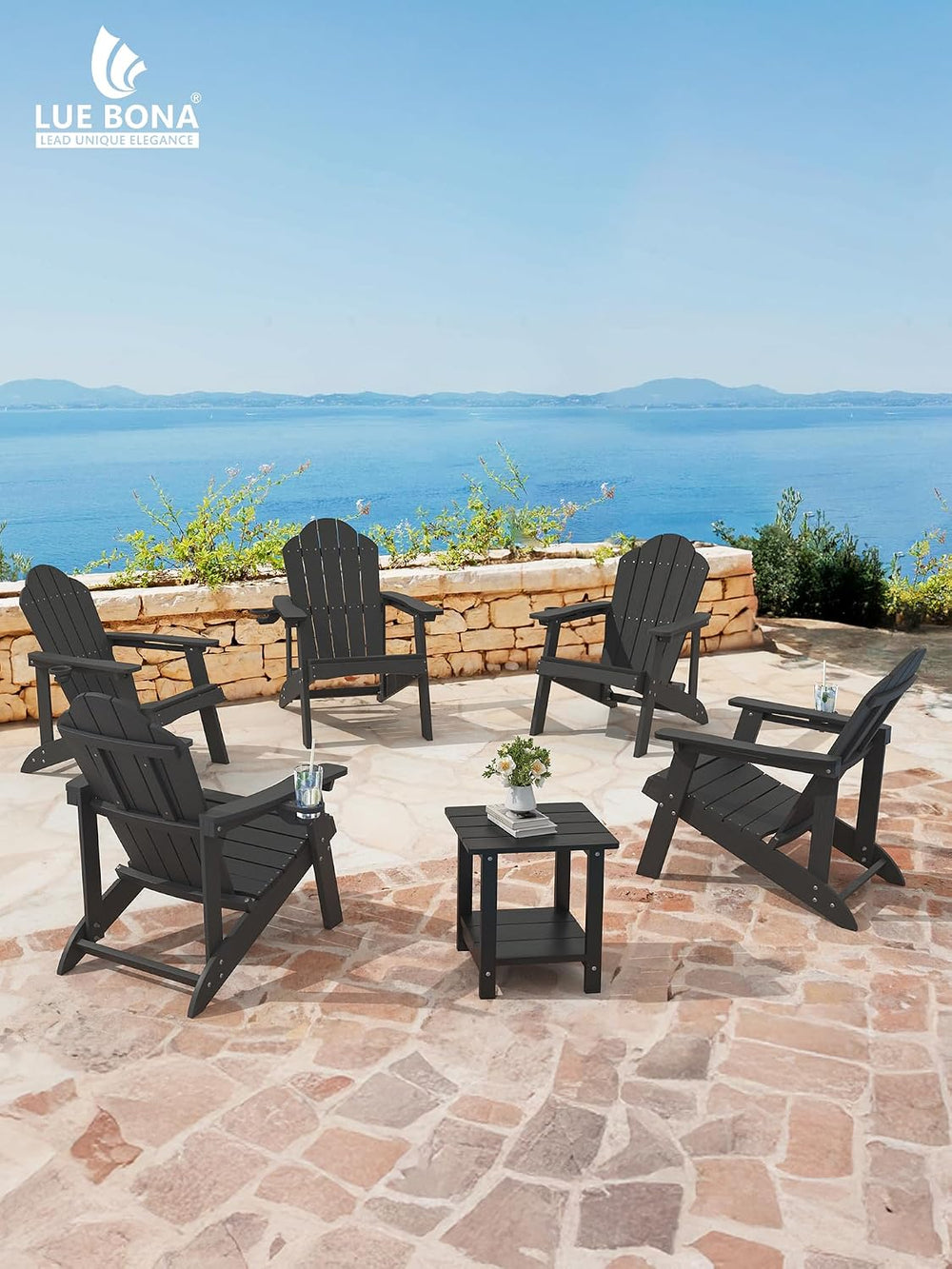 Set of 4 Adirondack Chairs with Hidden Cup Holders, High Back, Black