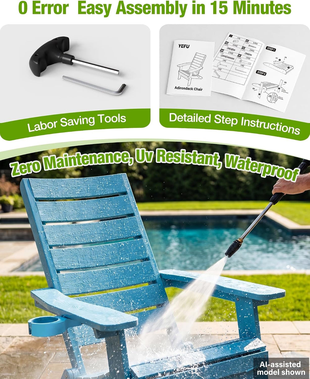 YEFU Adirondack Chair Set of 2 Outdoor, Arc Backrest & Cup Holder, Blue