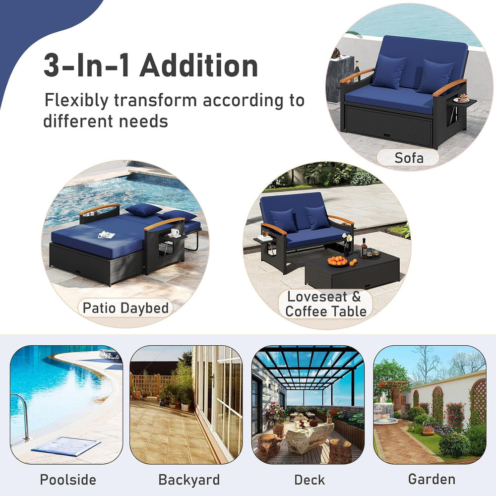Moccha Outdoor Wicker Daybed, Patio Rattan Loveseat Sofa w/ 4-Level Adjustabl...