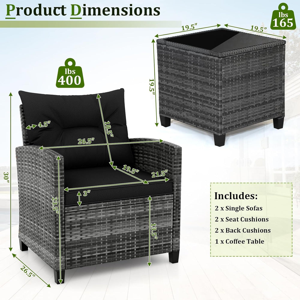RELAX4LIFE 3 Piece Patio Furniture Set, Wicker Bistro Conversation Set w/2 Cu...