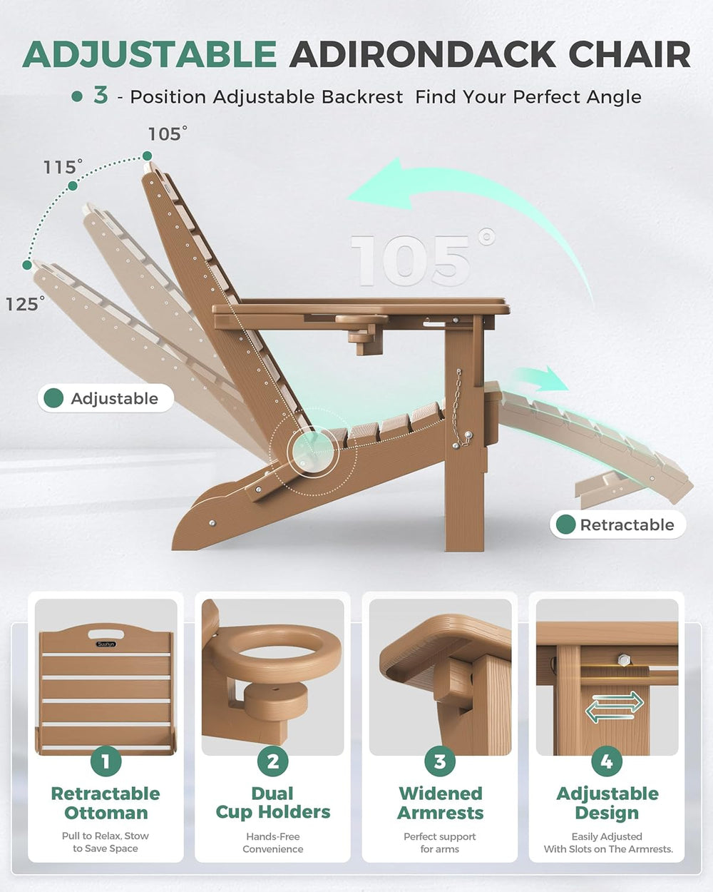 Adjustable Adirondack Chairs with Retractable Ottoman, HDPE Folding Adirondac...
