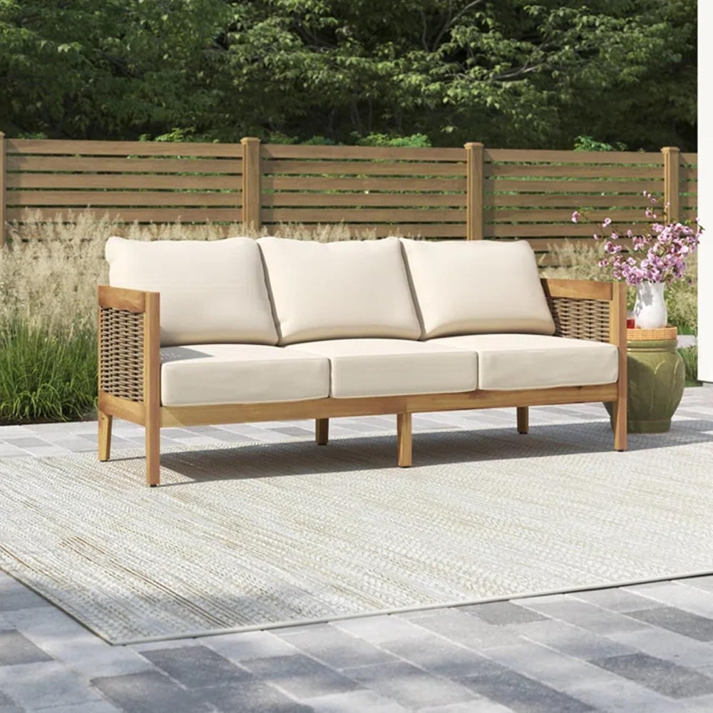 Merax 76.5" Outdoor Acacia Wood Wicker 3 Seater Sofa, Patio Furniture Co...