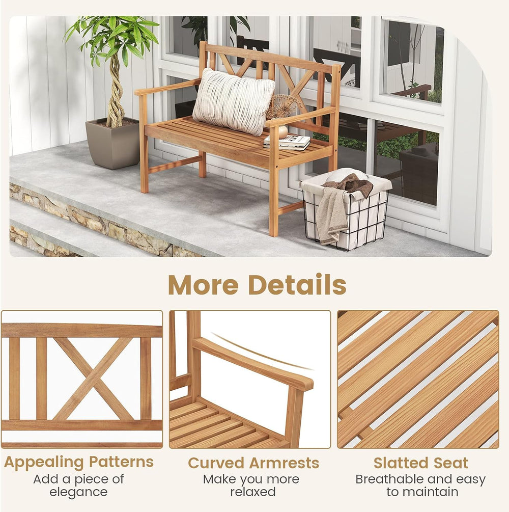 Tangkula Patio Acacia Wood Bench, 2-Person Outdoor Loveseat Chair, Cozy Armre...