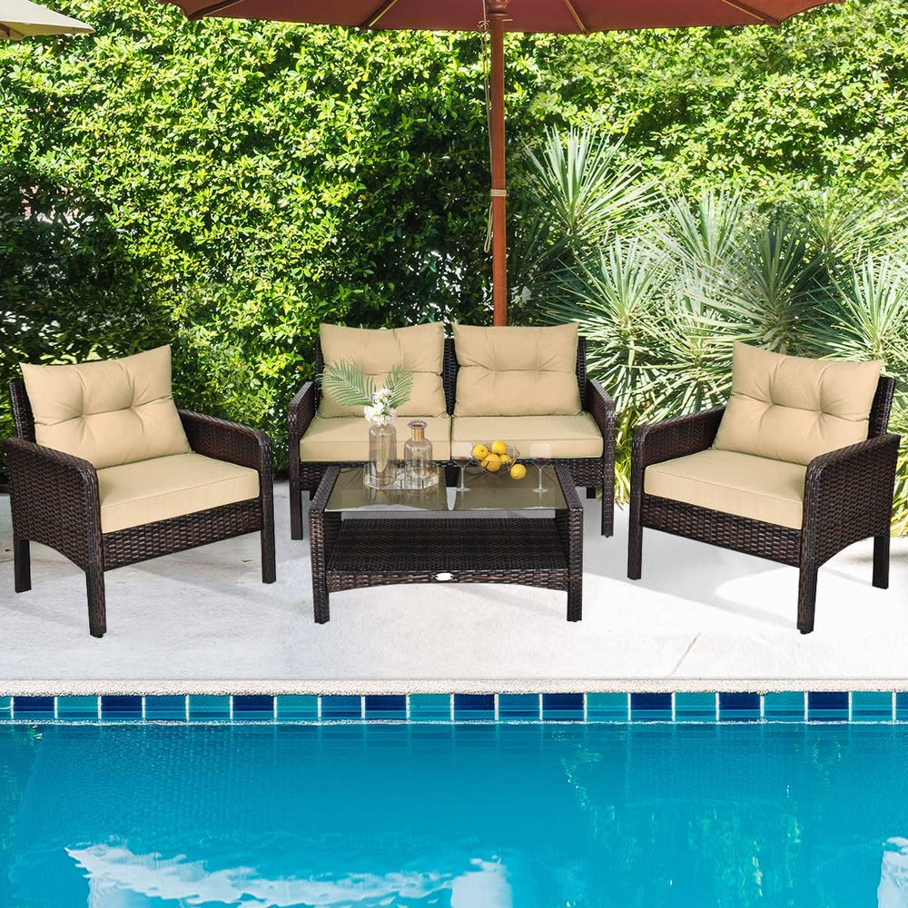 HAPPYGRILL 4-Piece Patio Furniture Outdoor Rattan Wicker Sofa Set with Cushio...
