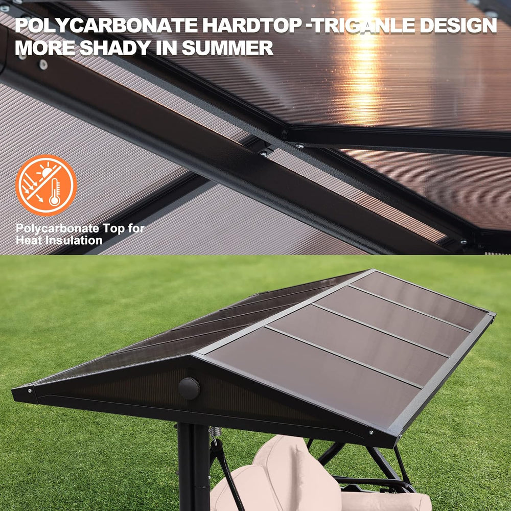 NOBLEMOOD Hardtop Patio Porch Swing with Convertible Backrest & Side Tables