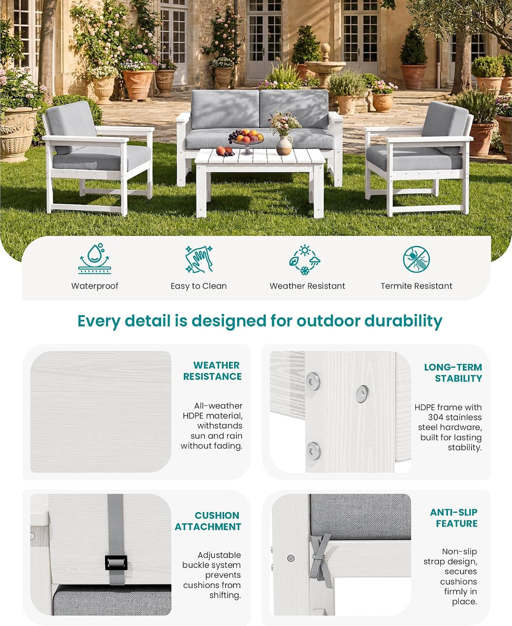 SERWALL 4 Pieces HDPE Outdoor Conversation Sofa Set with Cushions
