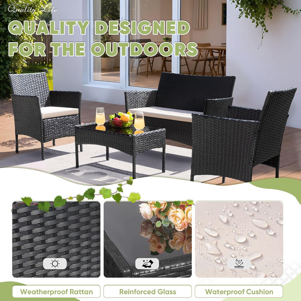 Greesum 4 Pieces Patio Furniture Conversation Sets,Black and Beige