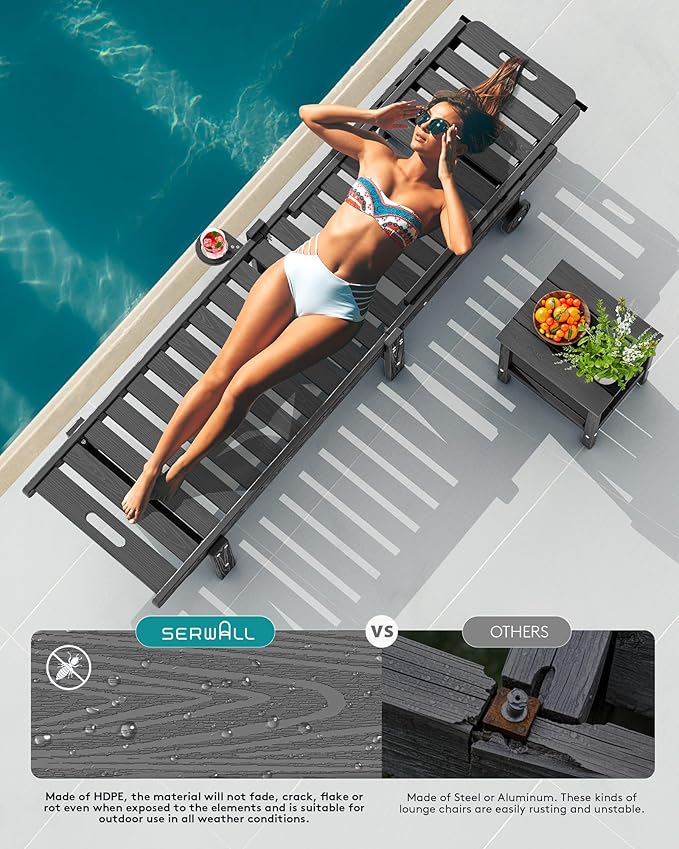 SERWALL Outdoor Chaise Lounge Chair, HDPE Patio Lounge Chair with Cup Holder,...