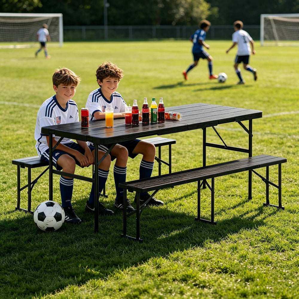 6FT Folding Table with 2 Benches for Picnic, Party, Camping, School, Black