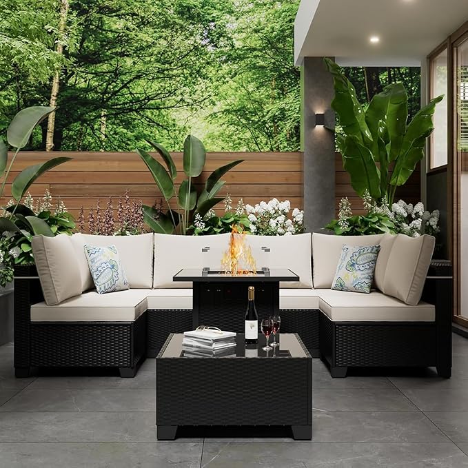 8 Pcs Patio Furniture Set with Fire Pit Table Wicker Outdoor Sectional Sofa, ...