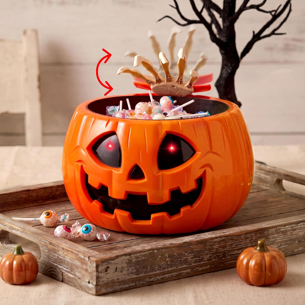 JOYIN Halloween Decorations Animated Skull Pumpkin Candy Bowl, Light-Up Skull...