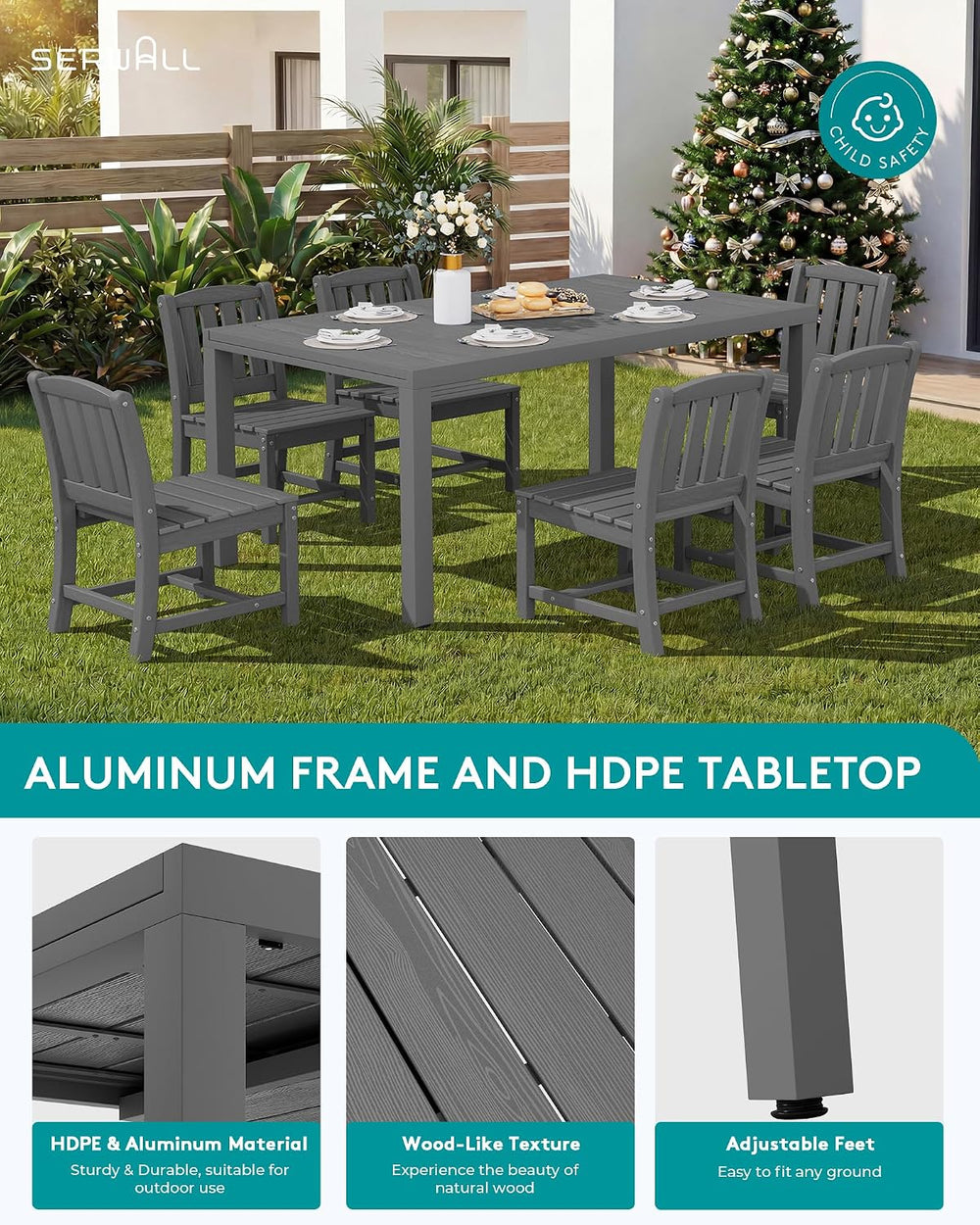 SERWALL Patio Dining Sets for 8 with 15FT Patio Umbrella, Grey