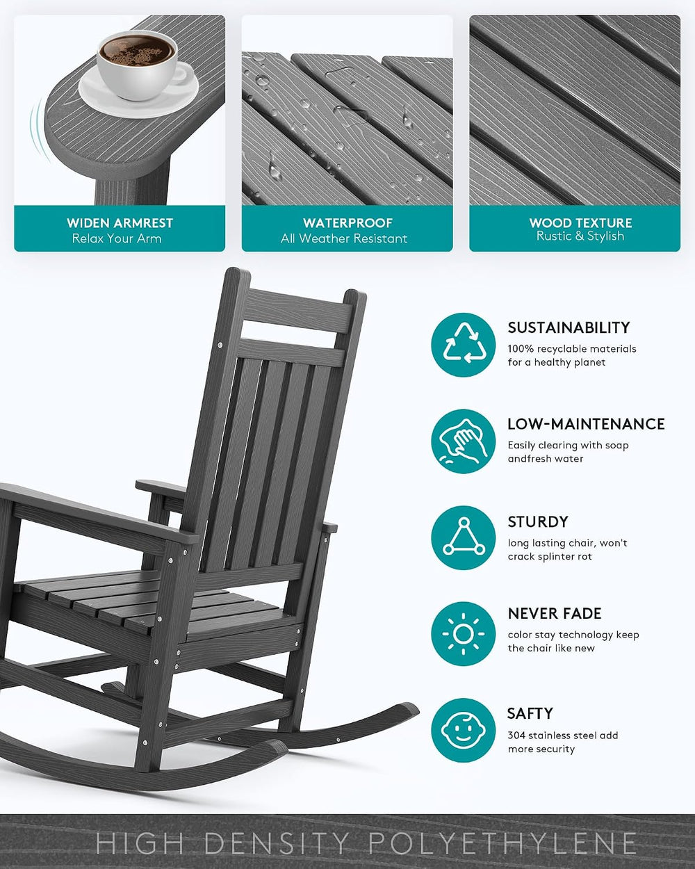 SERWALL Outdoor Rocking Chair Set of 2, HDPE Rocking Chair for Adult, Grey