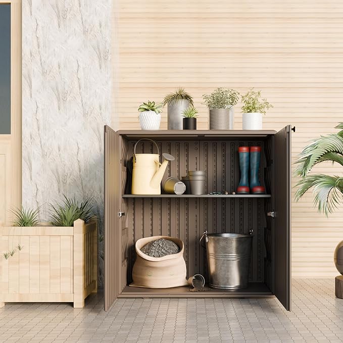 Indoor Outdoor Storage Cabinet Waterproof with 1 Shelf, Plastic Outdoor Stora...