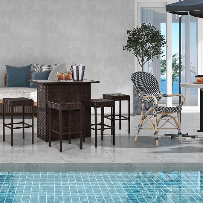 Outsunny 5 Pcs Rattan Wicker Bar Set, High Top Outdoor Table and Chairs, Bar ...