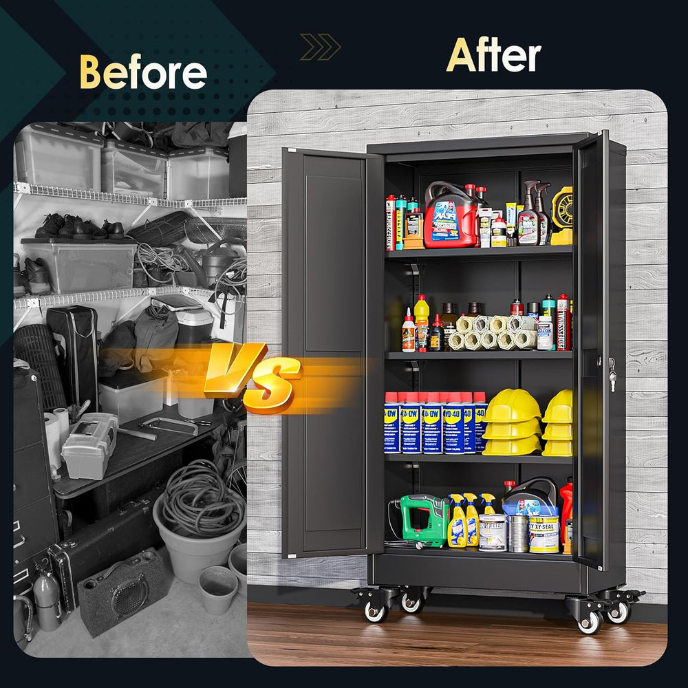 PAOFIN Metal Garage Storage Cabinet with Wheels,Steel File Cabinets with 2 Do...
