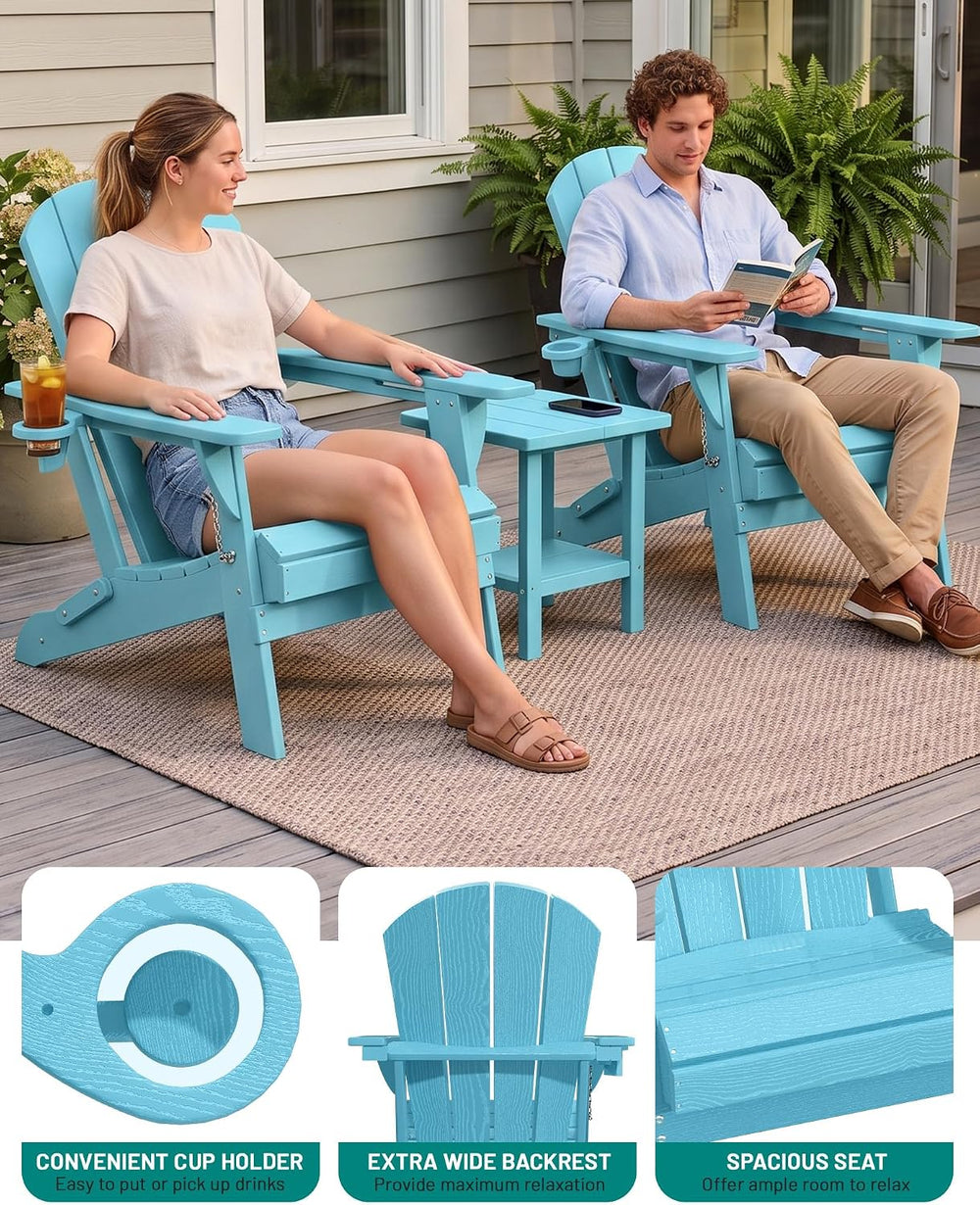 PLUUV Folding Adirondack Chair, HDPE Fire Pit Chair with Cup Holder, Aruba