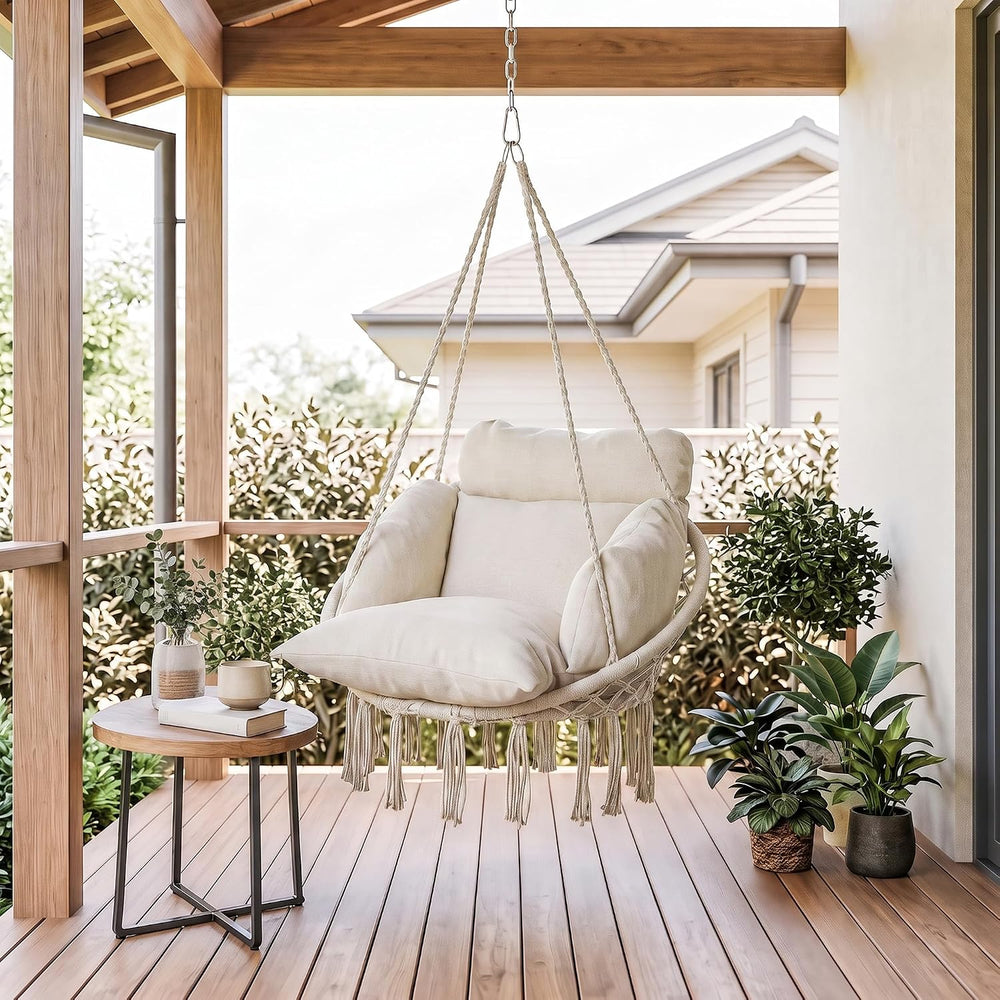 Outsunny Hammock Swing Chair w/ Large Cushion Cotton Rope Chain Cream White