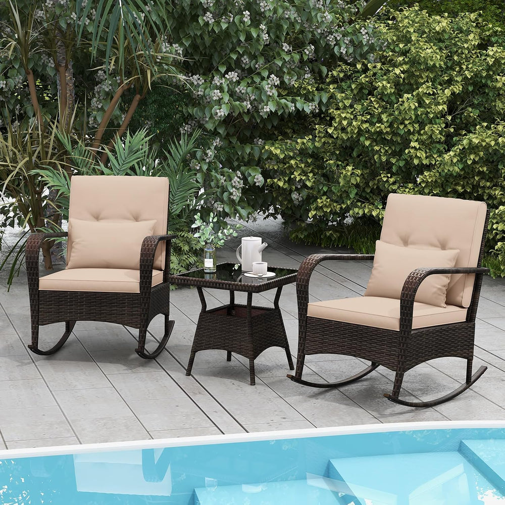COSTWAY Outdoor Rocking Chairs Set of 2, 3 Piece PE Wicker Patio Bistro Set