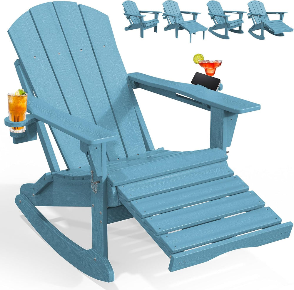 PLUUV Folding Adirondack Rocking Chair with Retractable Ottoman, Aruba