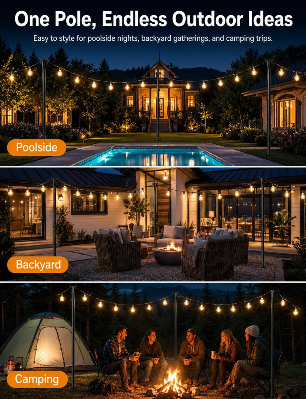 6 Pack String Light Poles for Outside, Adjustable Metal Patio Light Poles