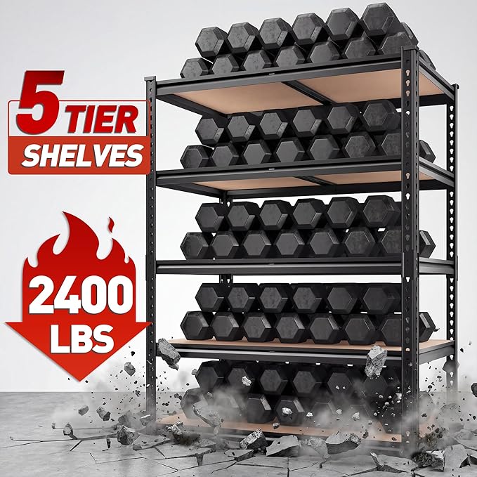 REIBII 2400LBS Storage Shelves 5 Tier Garage Shelving Heavy Duty, Adjustable ...