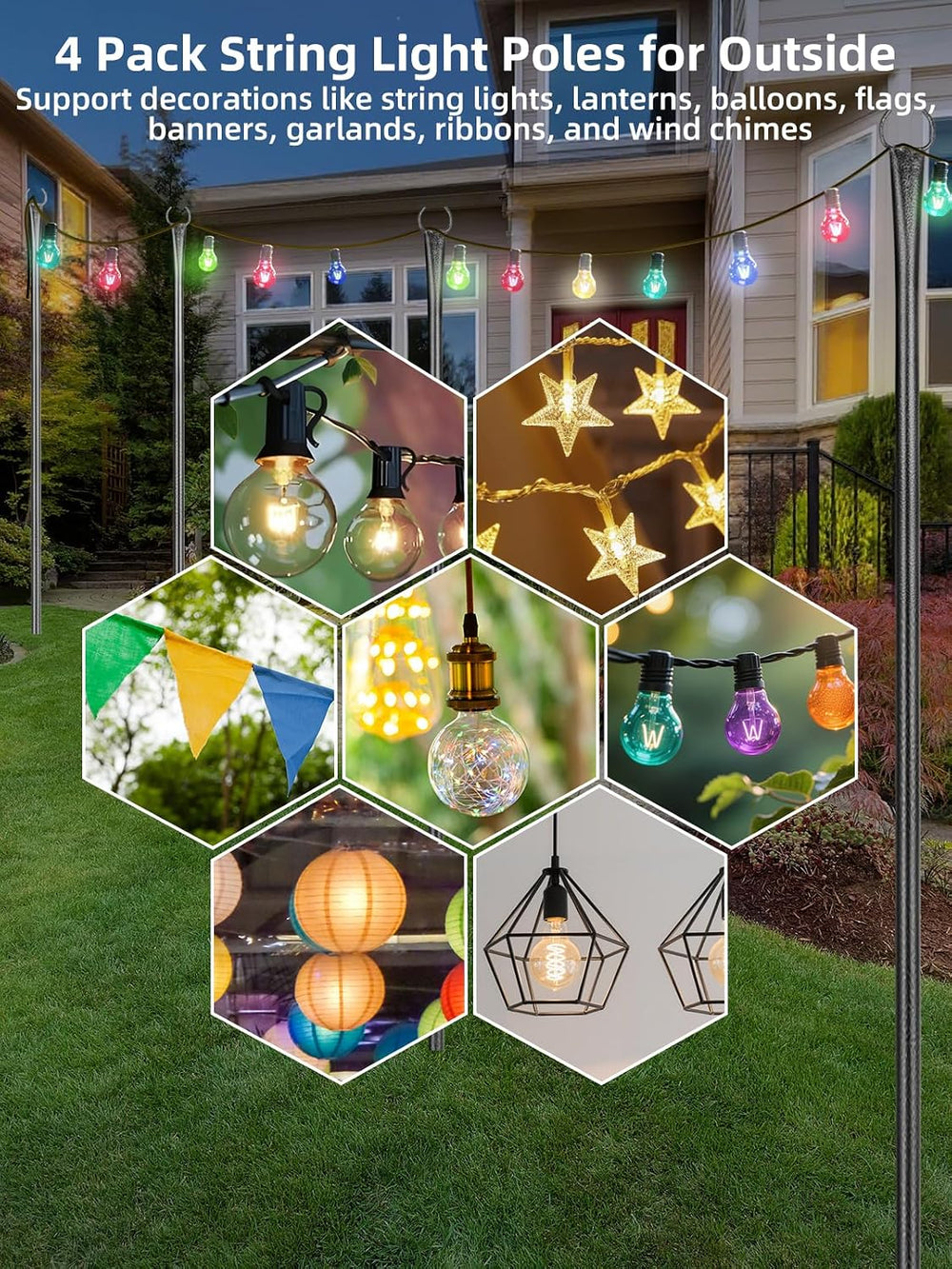 String Light Poles for Outside, 4 Pack 10 ft Frosted Silver Poles