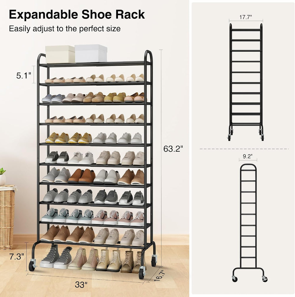 STO STO 10-Tier Expandable Tall Shoe Rack for Garage, 44 Pairs, Black