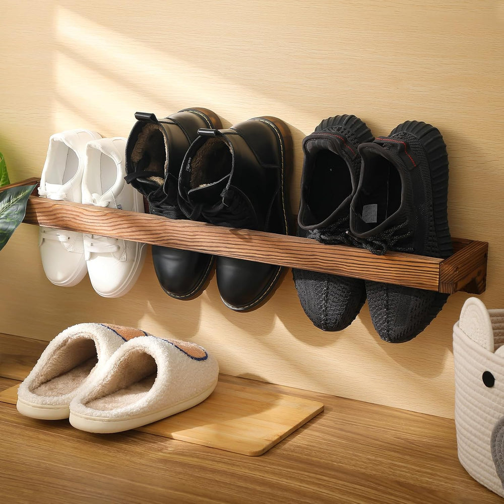 4 Pcs Wall Mounted Wooden Shoe Rack Hanging Shoe Storage, Burnt Wood