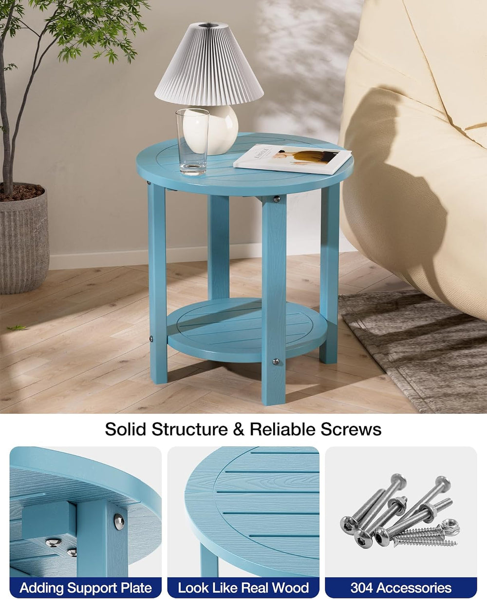 YEFU Adirondack Side Table, 16in Round, 2-Tier Storage End Table, Blue