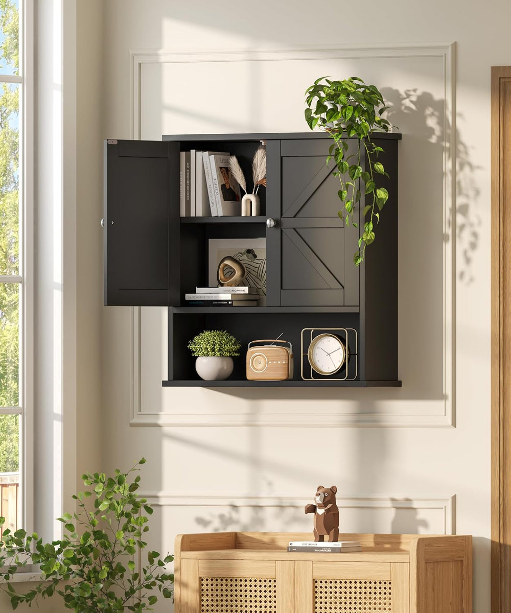 Black Bathroom Wall Cabinet with Adjustable Shelf & Barn Doors