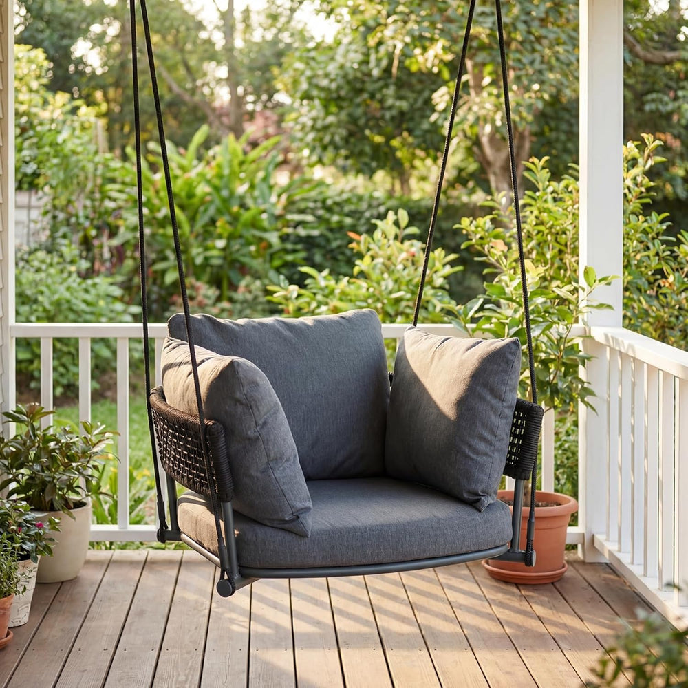 Single Porch Swings Chair with Cushions, Hanging Rope Swing, Hanging Chair fo...