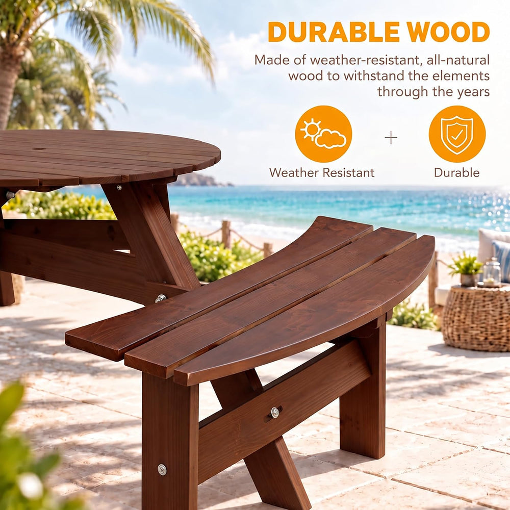 Round 6 Person Outdoor Picnic Table with 3 Built-in Benches