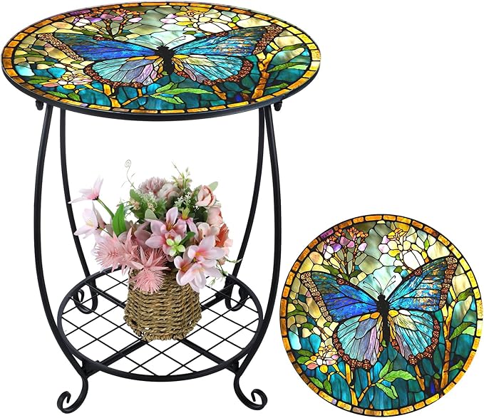 Outdoor Side Table Round Small Mosaic Patio Accent Indoor End Plant Coffee Te...