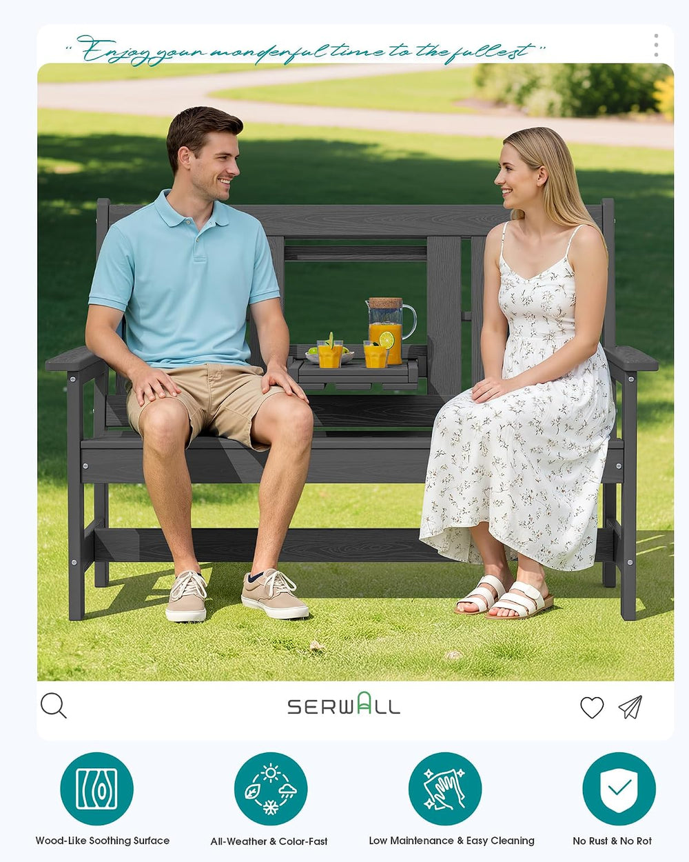 SERWALL HDPE Outdoor Bench with Cup Holder Oversized 58" Porch Bench, Grey