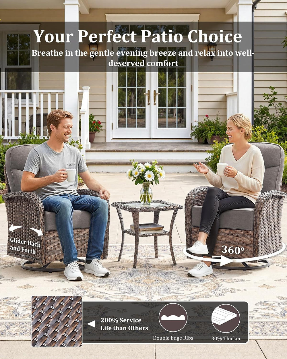 3-Piece Luxury Patio Conversation Set with 6-Inch Thick Cushions, High-Back O...