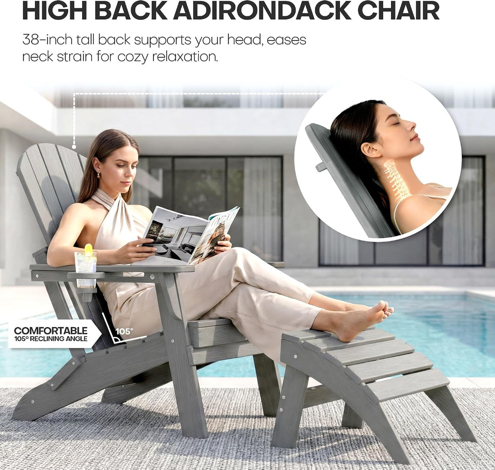 Adirondack Chair Set of 2 with Cup Holders&Table, Grey