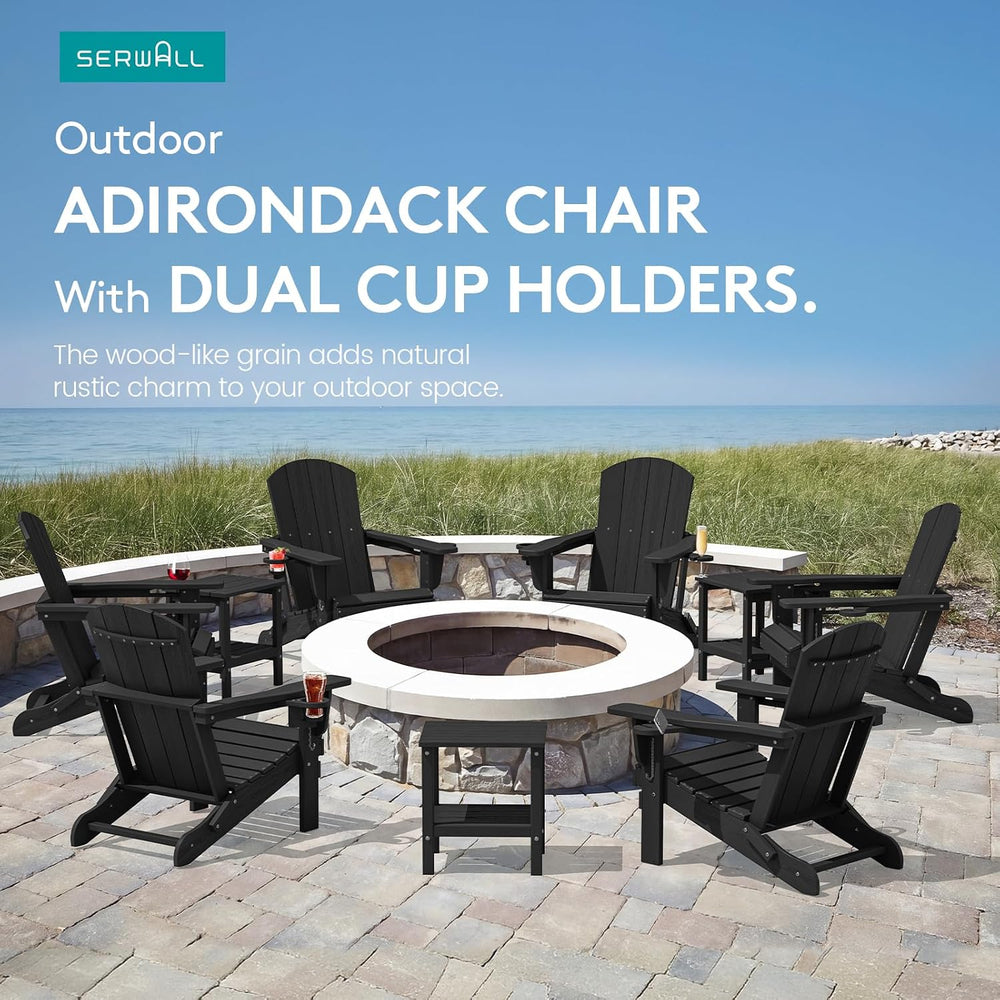 SERWALL Outdoor Adirondack Chair Set of 6 with Cup Holders,Foldable,Black