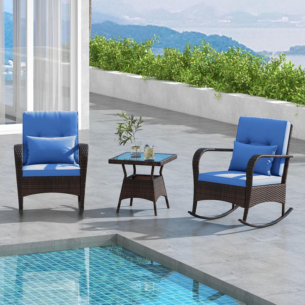 ORALNER 3 Pieces Outdoor Wicker Rocking Chair, Patio Furniture Set (Navy)