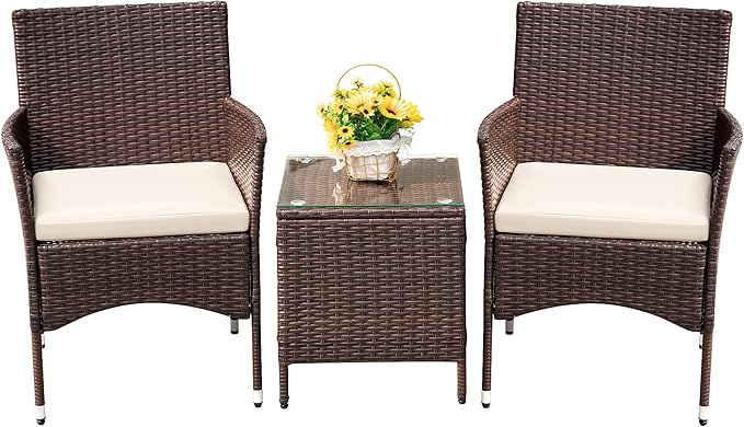 Devoko Patio Porch Furniture Sets 3 Pieces PE Rattan Wicker Chairs with Table...