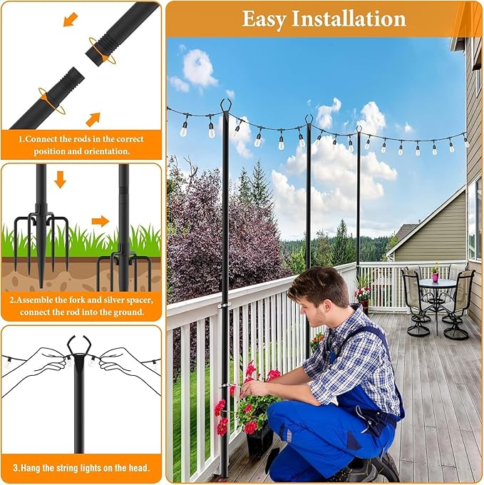 10 Pack String Light Poles,10 Ft Light Poles for Outside String Lights,Outdoo...
