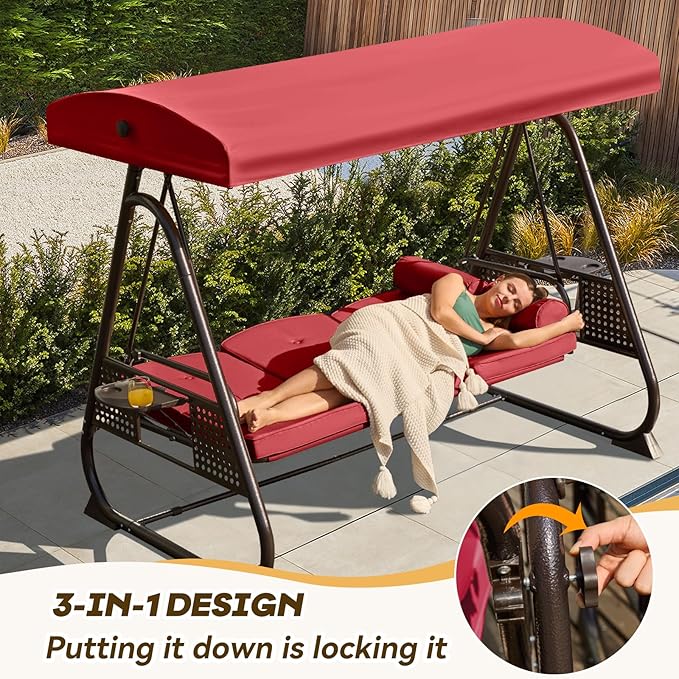 3 in 1 Outdoor Porch Swing with Adjustable Canopy, 3 Seat Outdoor Swing for A...