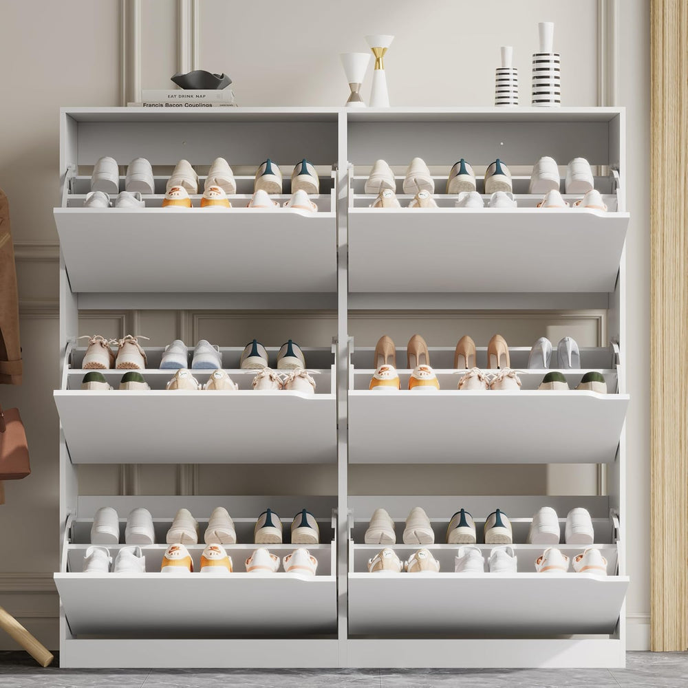 Shoe Storage Cabinet for Entryway with 6 Flip Drawers, Sturdy Wood Hidden Sho...