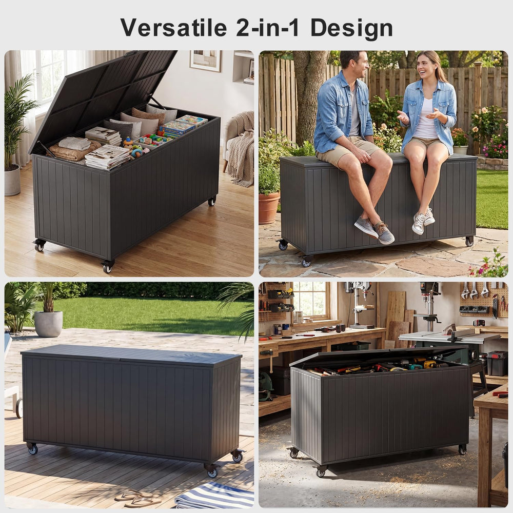 250 Gallon Metal Large Outdoor Deck Box with 4 Wheels, Black
