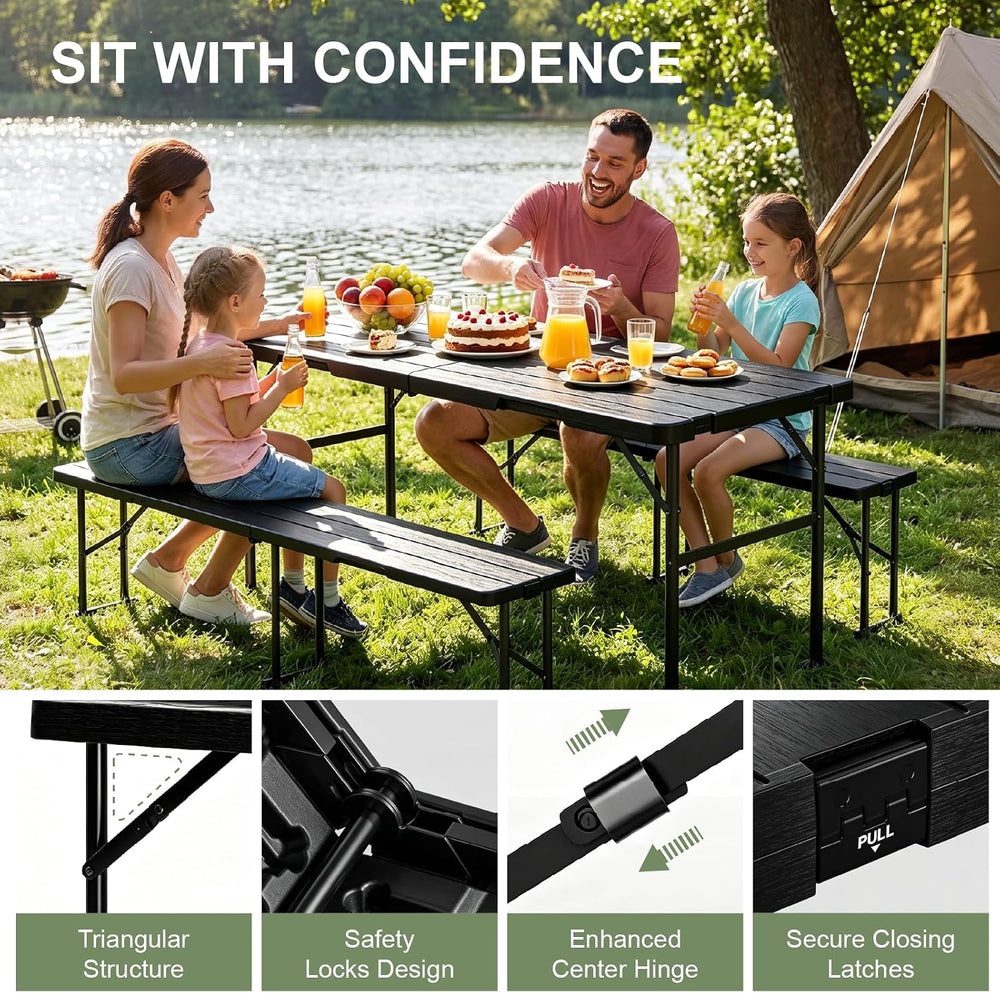 6FT Folding Table with 2 Benches for Picnic, Party, Camping, School, Black