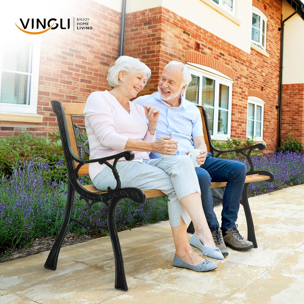 VINGLI Outdoor Bench, Weather Resistant Cast Iron Frame＆Teak Wood Seat w/PVC ...