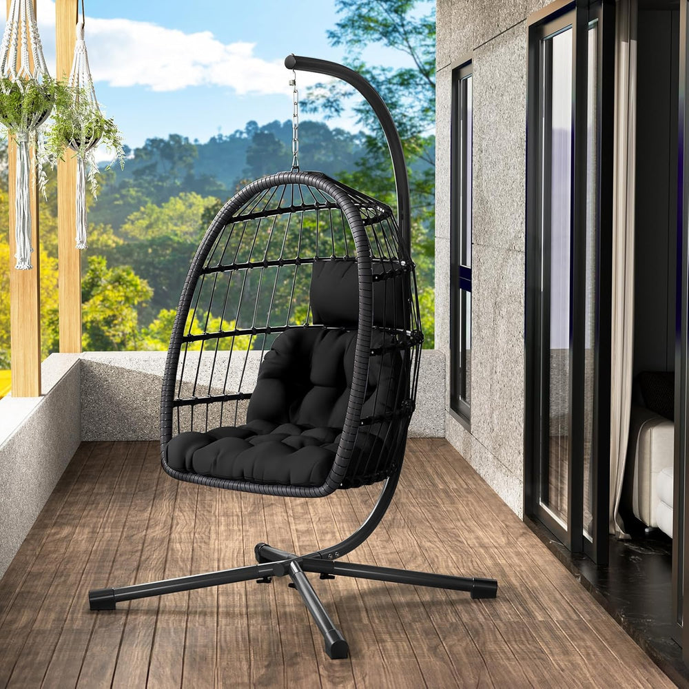 Hanging Egg Chair with Stand, Patio Rattan Wicker Swing Chair, Oversized Hamm...