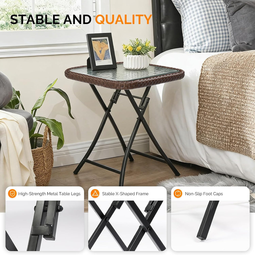 VINGLI 18in Modern Brown Rattan Folding Glass Outdoor Side Table, Small Patio...
